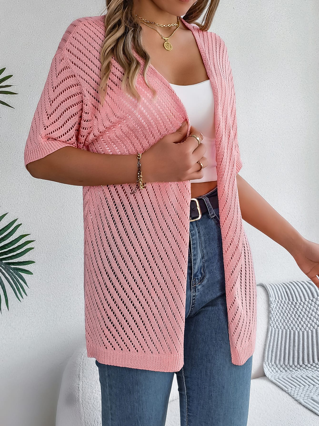 Women S Vertical Stripe Hollow Out Short Sleeve Knit Cardigan Cover-Up view 9