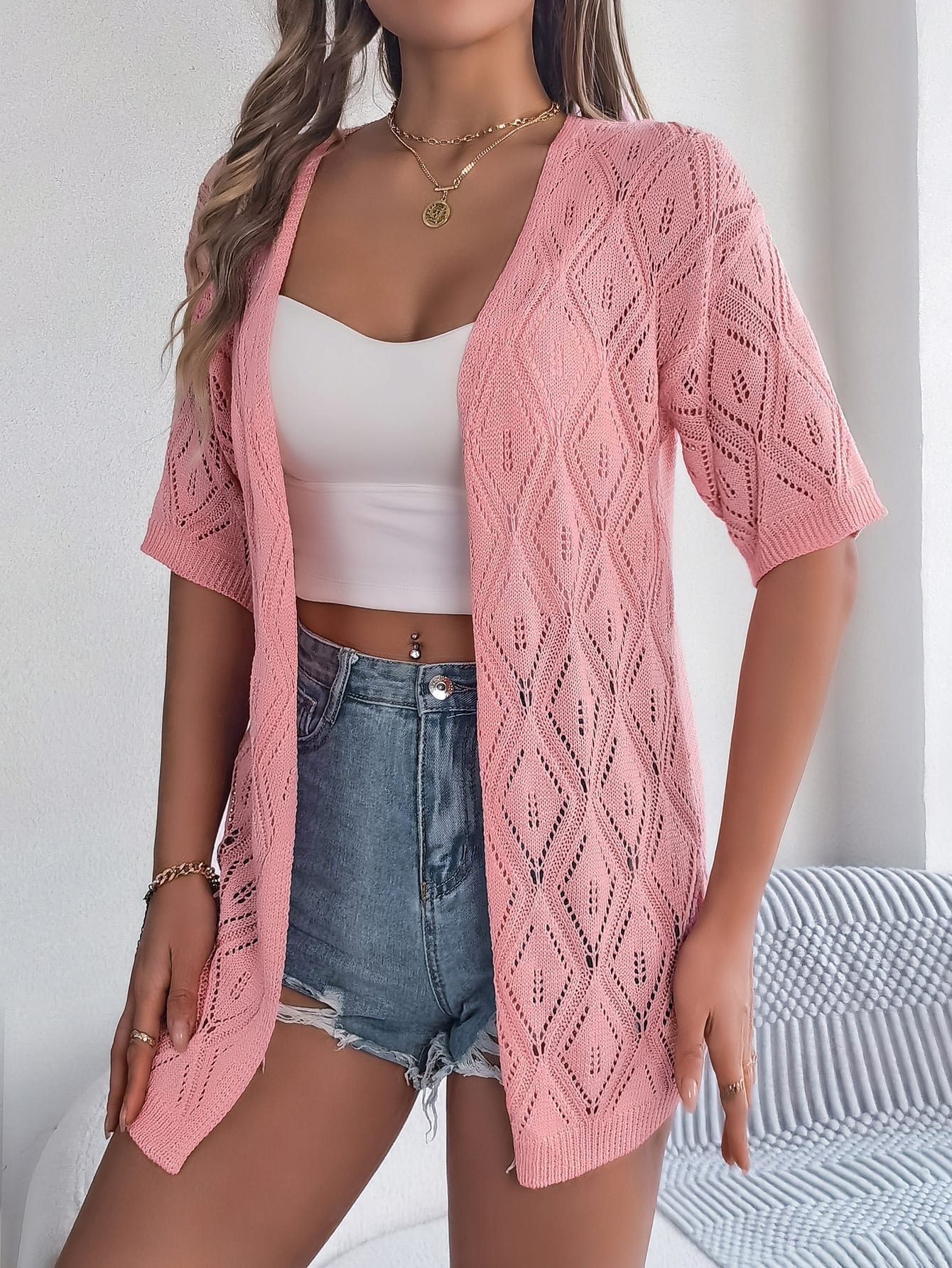 Women S Hollow Out Plaid Short Sleeve Knit Beach Cover-Up view 17