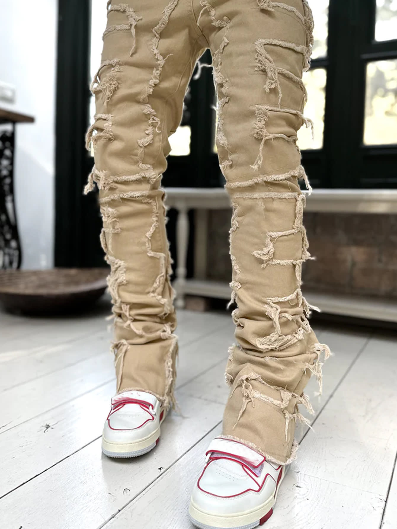 Ins Fringes Ripped Trousers Individual Patched Pants Long Tight Fit Stacked Jeans For Mens Clothing view 10