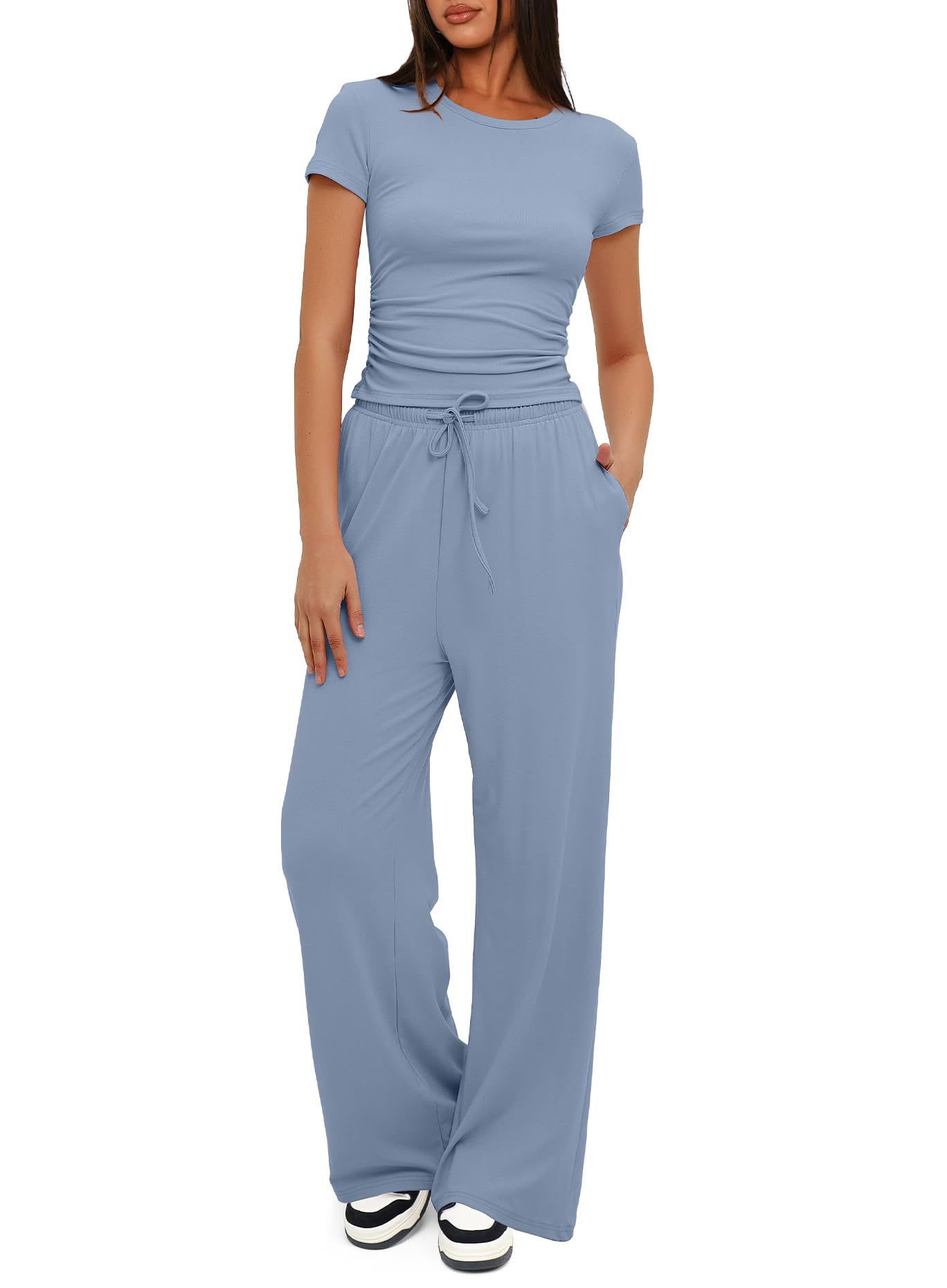 2pcs Solid Color Casual Sports Yoga Suit Short-sleeved Top And High-waisted Drawstring Wide-leg Pants Summer Fashion Set For Womens Clothing view 4