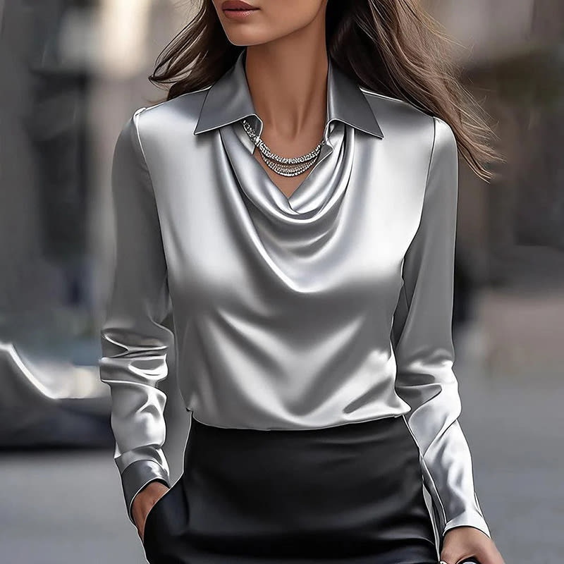 Women's Elegant Long Sleeve Blouse - Solid Color Lapel Top With Ruched Chest Detail Office & Casual Wear For Spring Fall view 12