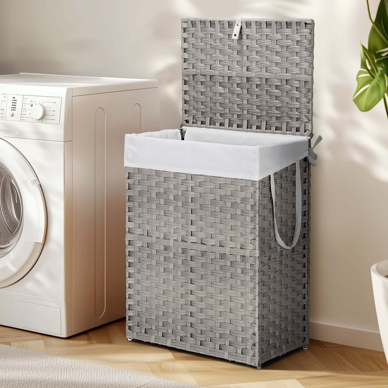 Laundry Basket With Lid, 110 L Hand-Woven Pp Rattan Laundry Basket With Compartments & Handles, Foldable, Removable Liner view 12