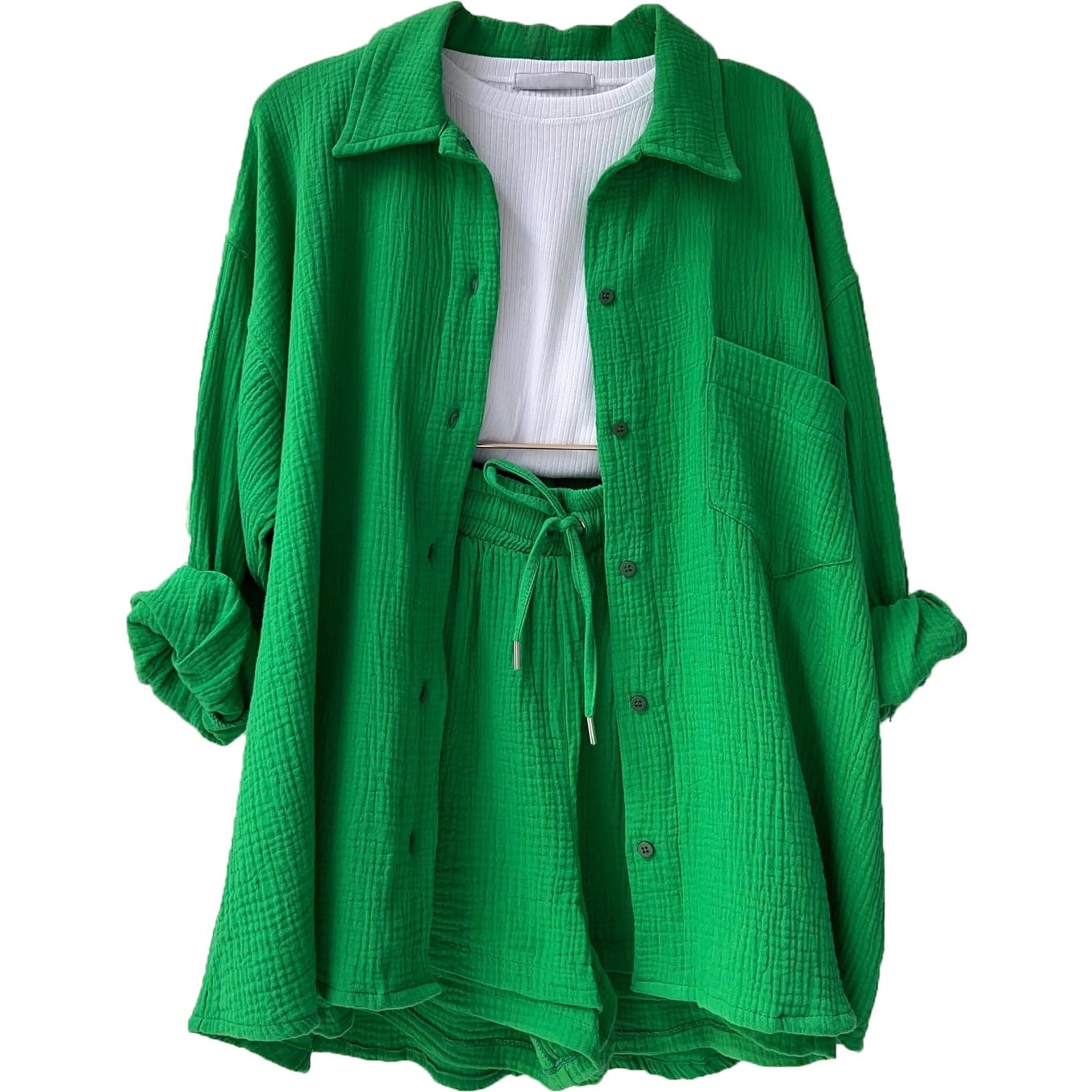 Women's Wrinkled Fabric Lapel Long Sleeved Shirt Shorts Fashion Casual Set view 12