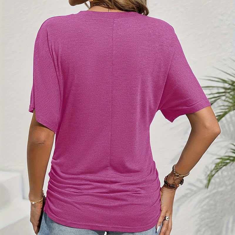 Women's Slim-Fit Ruched Short Sleeve T-Shirt Crewneck Casual Fitted Top view 60