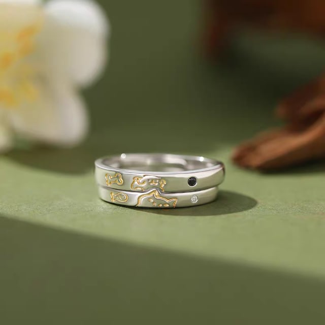 1 Pair 999 Sterling Silver Cat & Dog Couple Rings, Cute Two-Tone Design, Suitable For Daily Wear & Valentine's Gifts view 2