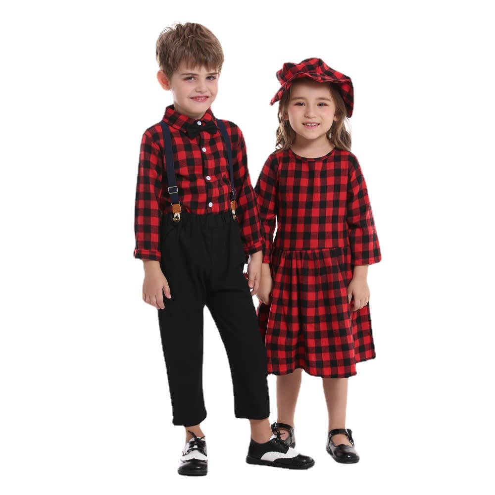 Christmas Sisters And Brothers Autumn Plaid Shirt Long Sleeve Bib Two Piece Set view 3