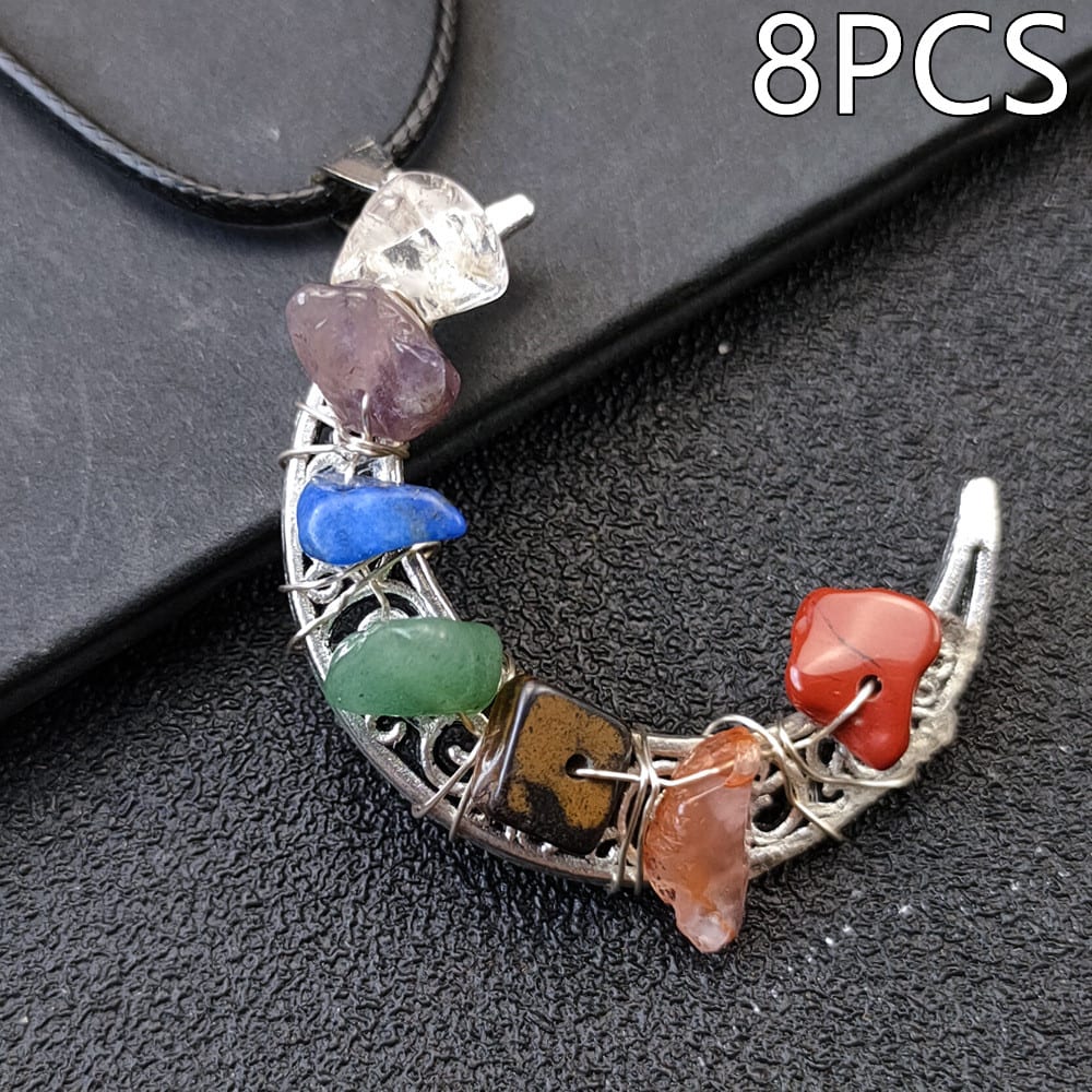 Crystal Stone Seven Chakras Moon Pentagram Necklace view 18