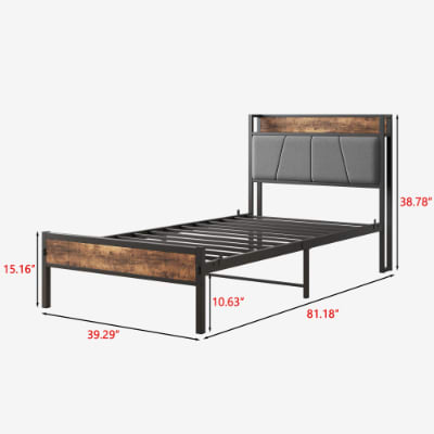 Twin Size Bed Frame, Storage Headboard With Charging Station, Solid And Stable, No Box Spring Needed, Easy Assembly