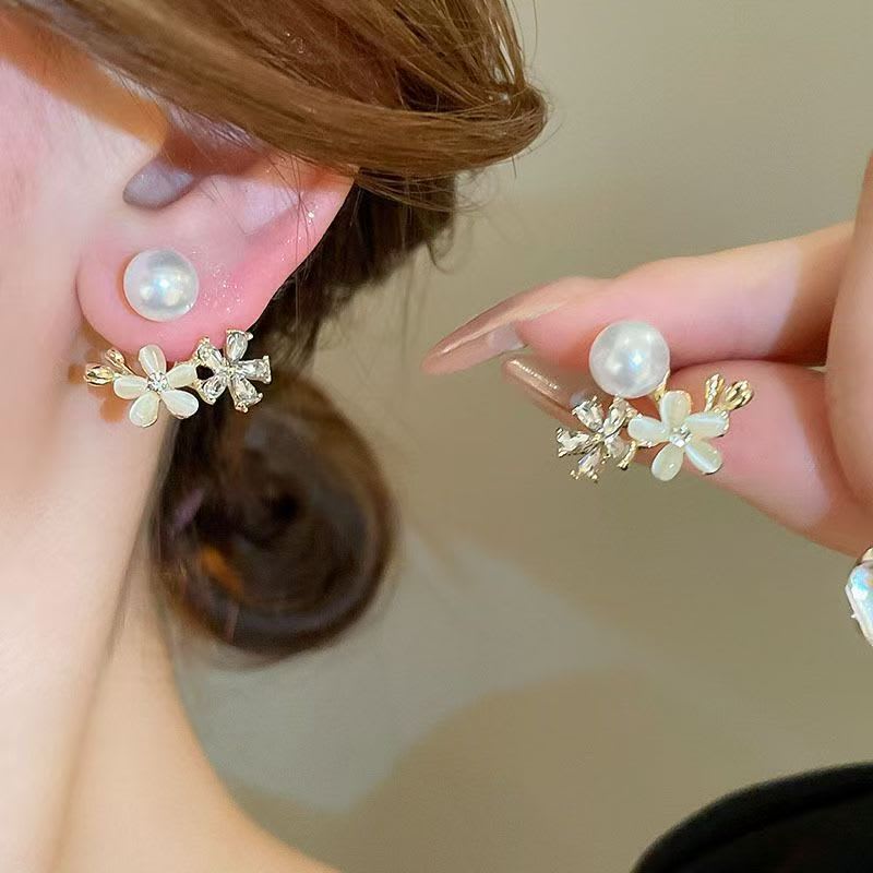Silver Post Earrings With Classic Royal Court Style. Exquisite Flower Design Decorated With Diamonds And Pearls, Luxury, Unique And High-end For Daily Wear. view 12