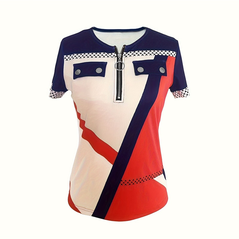 Women's Color Block Zipper T-Shirt, Casual Short Sleeve Summer Top view 20
