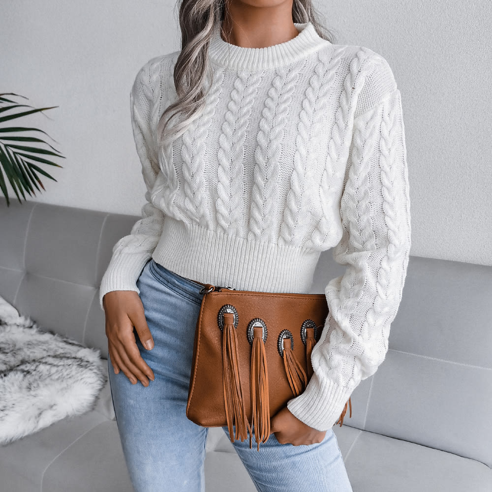 Cable Knit Waist Cinched Cropped Sweater view 5