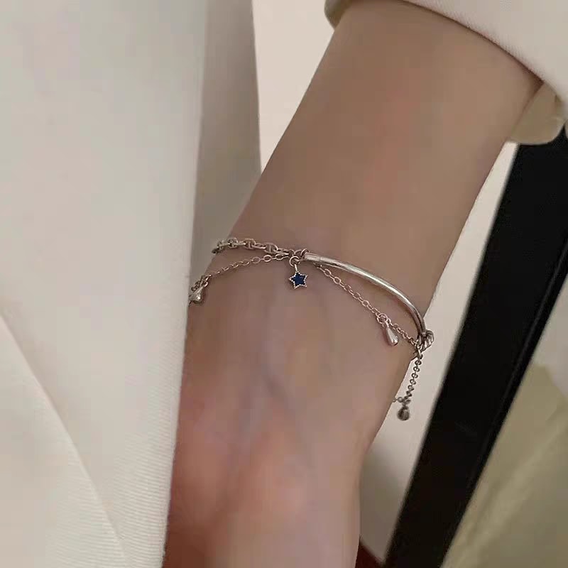 1pc 999 Sterling Silver Double-Layer Tassel Star Half-Bangle Bracelet, Trendy Style, Perfect For Daily Wear & Valentine's Gifts view 5