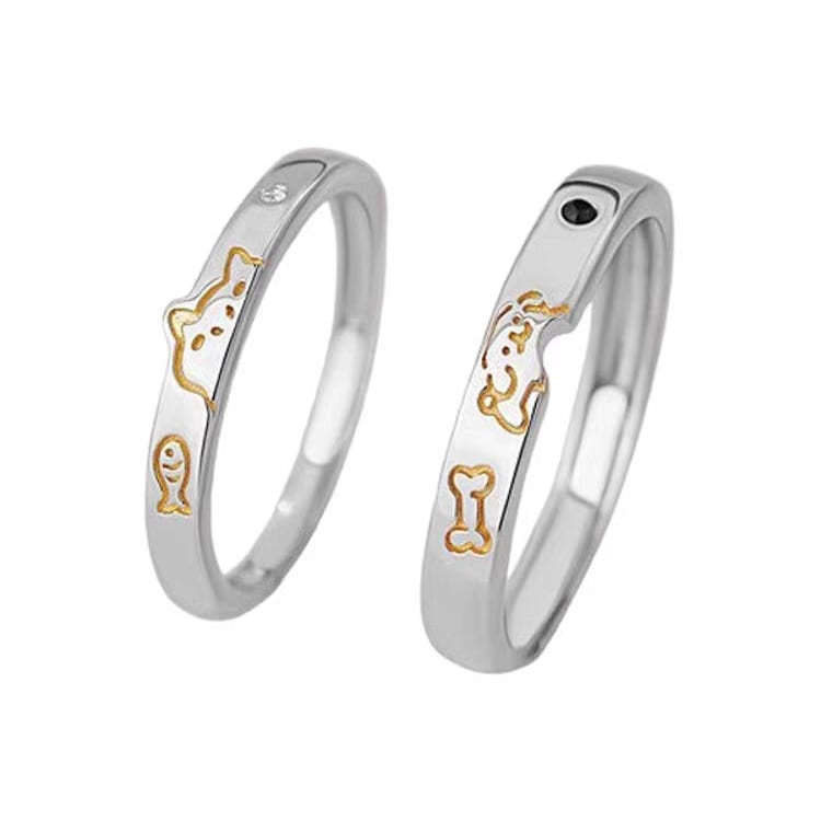 1 Pair 999 Sterling Silver Cat & Dog Couple Rings, Cute Two-Tone Design, Suitable For Daily Wear & Valentine's Gifts view 5