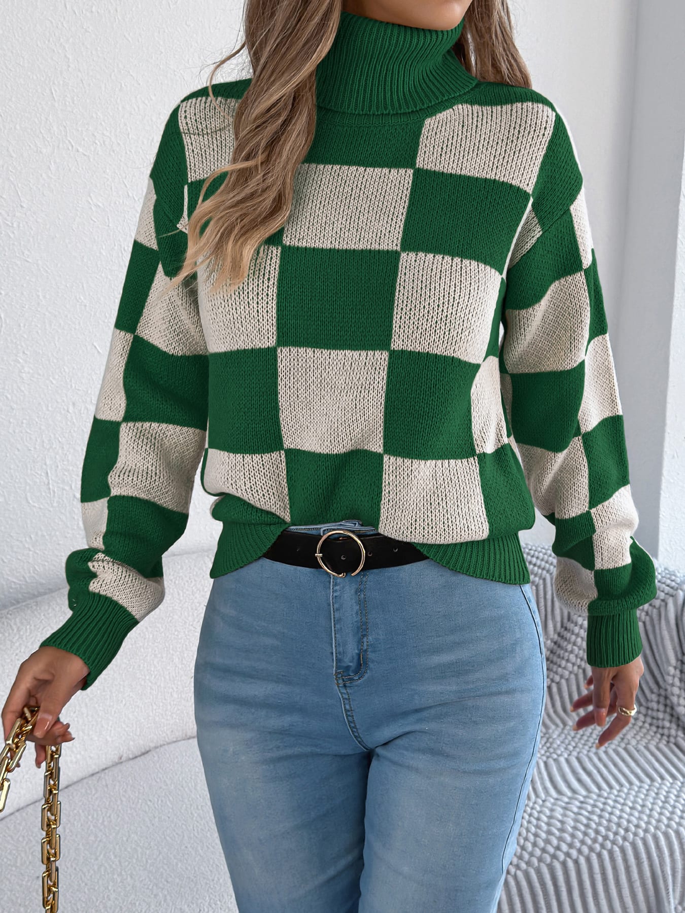 Women's High Neck Color-Blocked Plaid Lantern Sleeve Sweater view 18