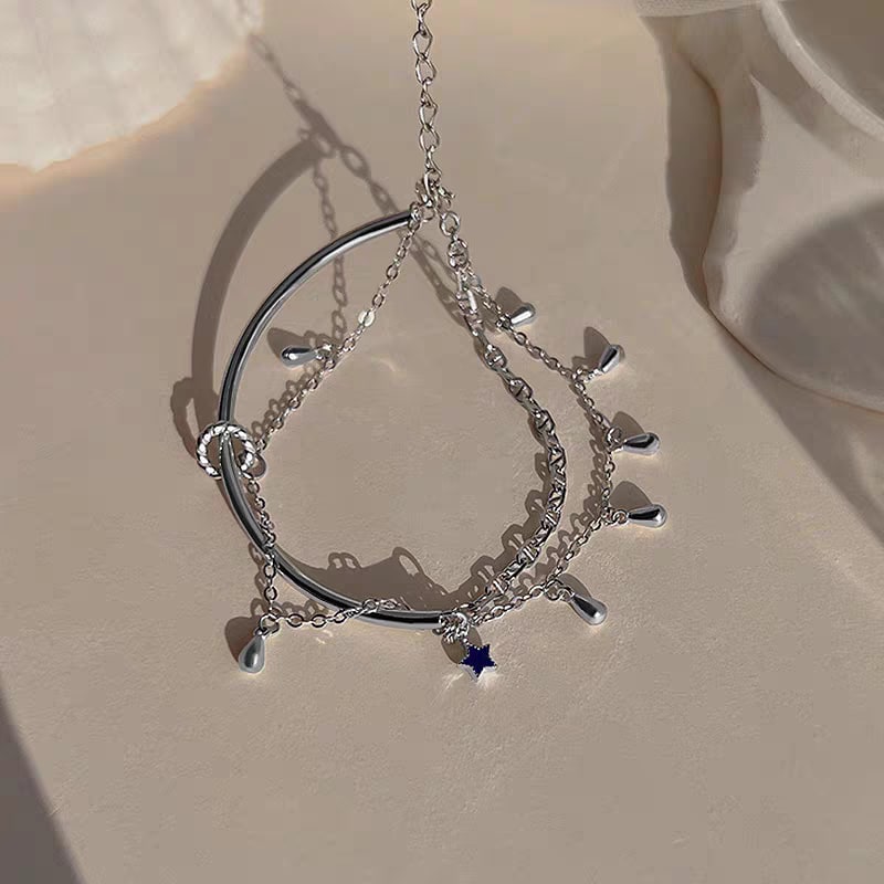 1pc 999 Sterling Silver Double-Layer Tassel Star Half-Bangle Bracelet, Trendy Style, Perfect For Daily Wear & Valentine's Gifts view 1