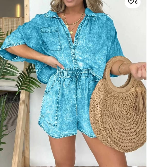 2pcs Loose Denim Suits Summer Casual Bat Sleeve Shirt And Drawstring Shorts With Pockets Women's Set view 7