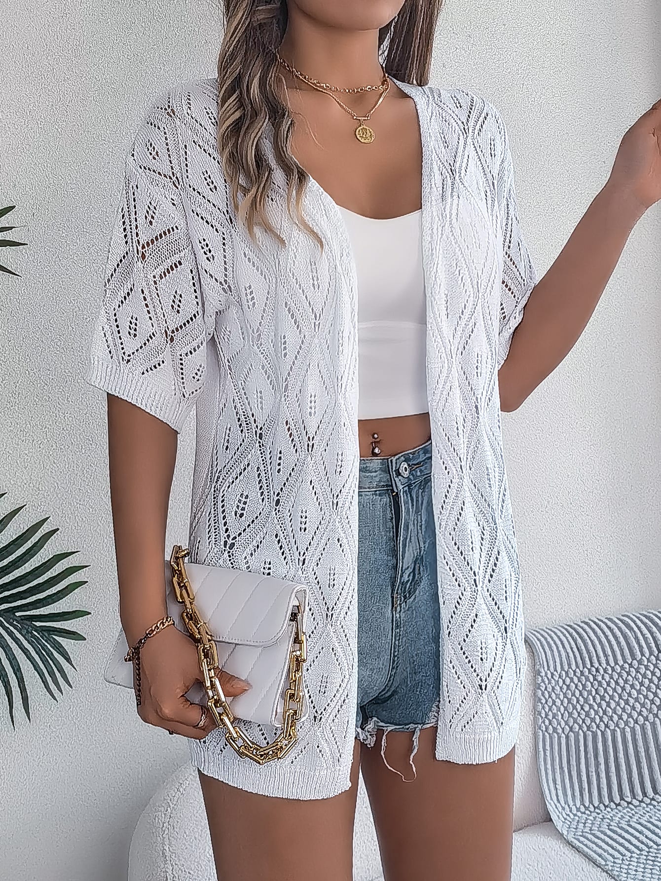 Women S Hollow Out Plaid Short Sleeve Knit Beach Cover-Up view 5
