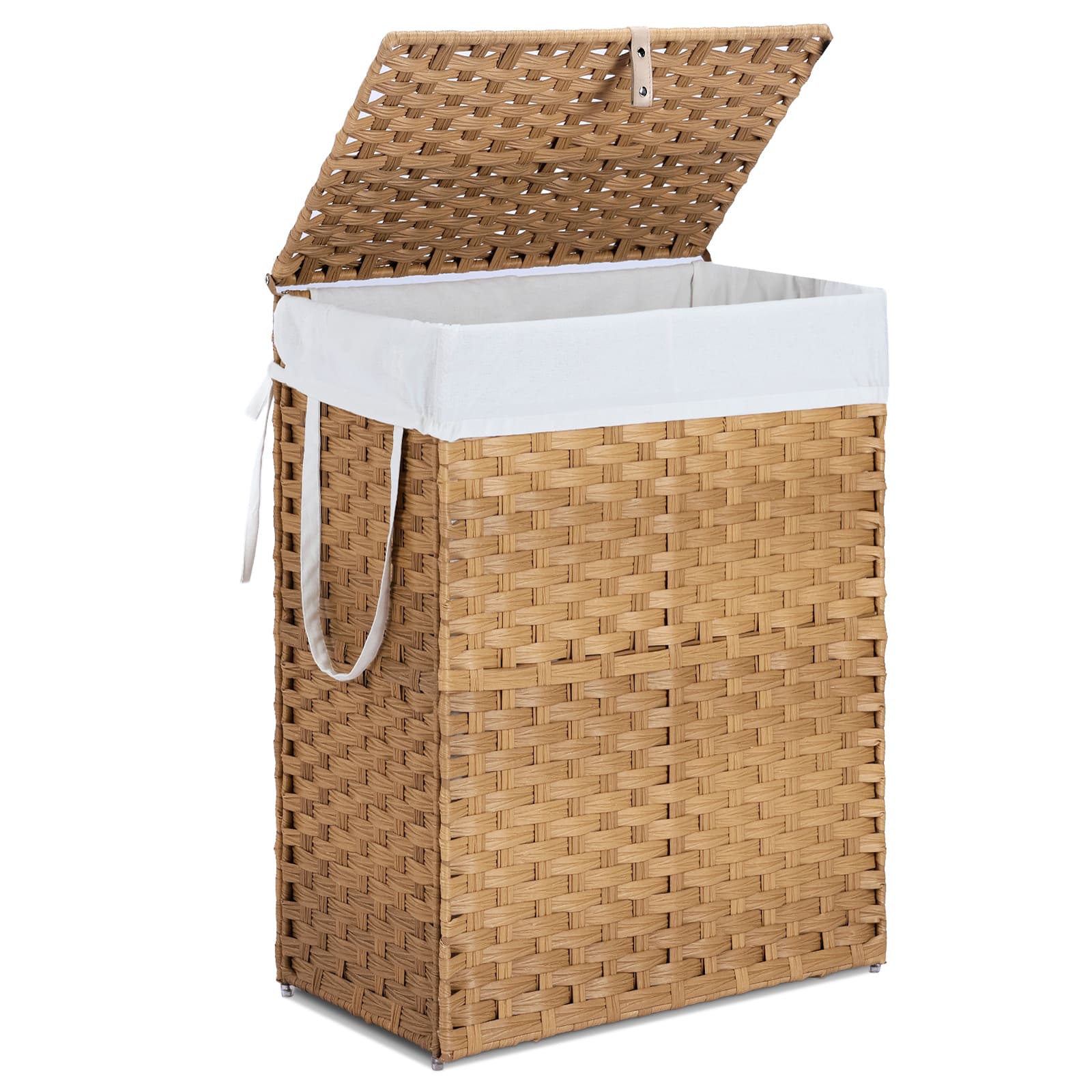 Laundry Basket With Lid, 110 L Hand-Woven Pp Rattan Laundry Basket With Compartments & Handles, Foldable, Removable Liner view 10