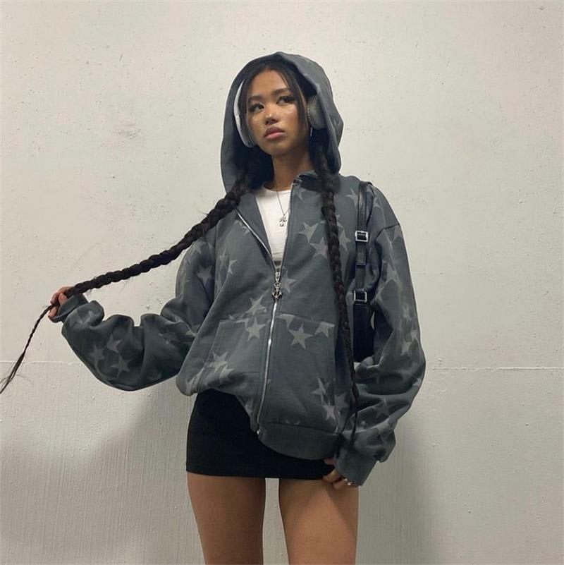Stars Printed Zipper Hooded Cardigan Couple Fashion Outerwear Hoodies Sweatshirt Street Men Women Coat view 6