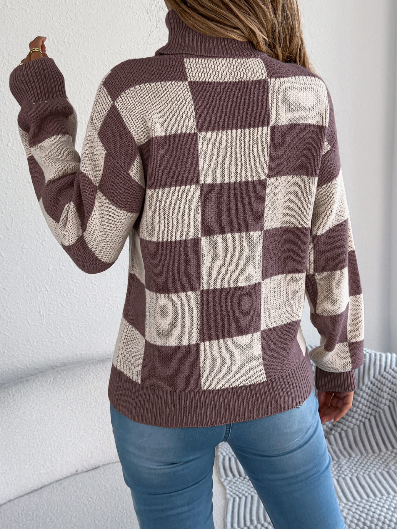 Women's High Neck Color-Blocked Plaid Lantern Sleeve Sweater view 6