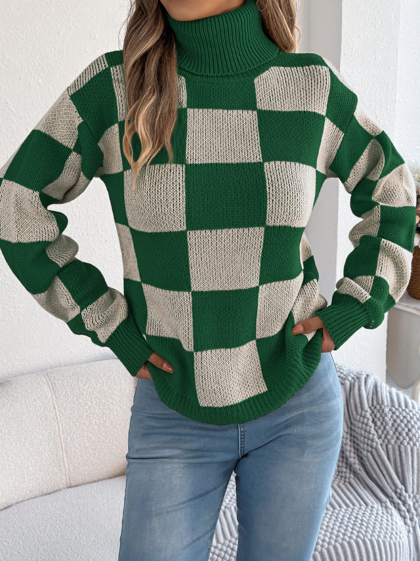Women's High Neck Color-Blocked Plaid Lantern Sleeve Sweater view 13