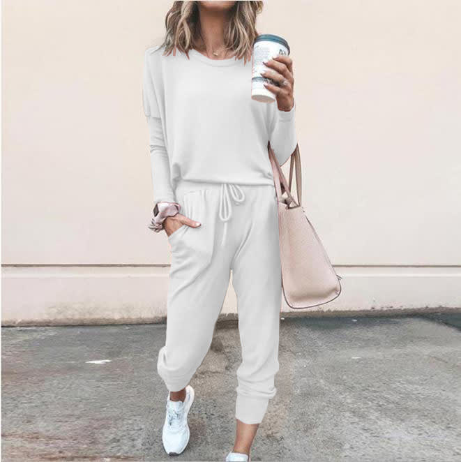 Women's Long Sleeve Suit Fashion Pullover Top And Pockets Drawstring Long Pants Solid Color Casual Sports Trouser Suit Clothing view 2