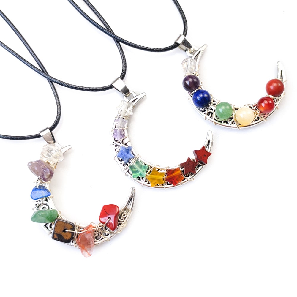 Crystal Stone Seven Chakras Moon Pentagram Necklace view 4