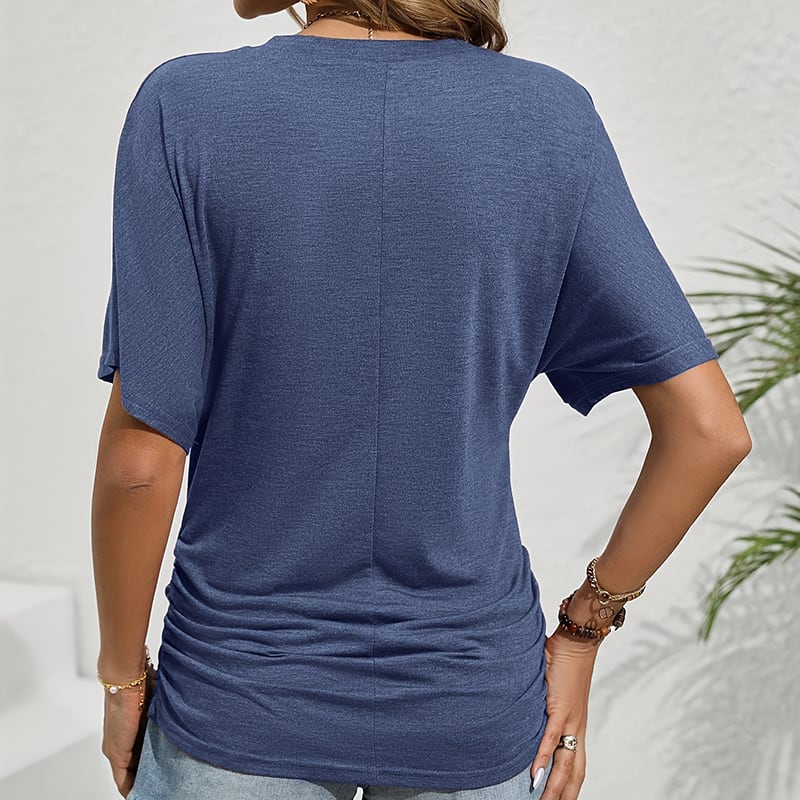 Women's Slim-Fit Ruched Short Sleeve T-Shirt Crewneck Casual Fitted Top view 24