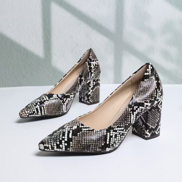 Women's Snake Print Pointed Toe Block Heel Pumps 2026 Spring Summer Elegant High Heels Versatile Office Party Shoes view 2