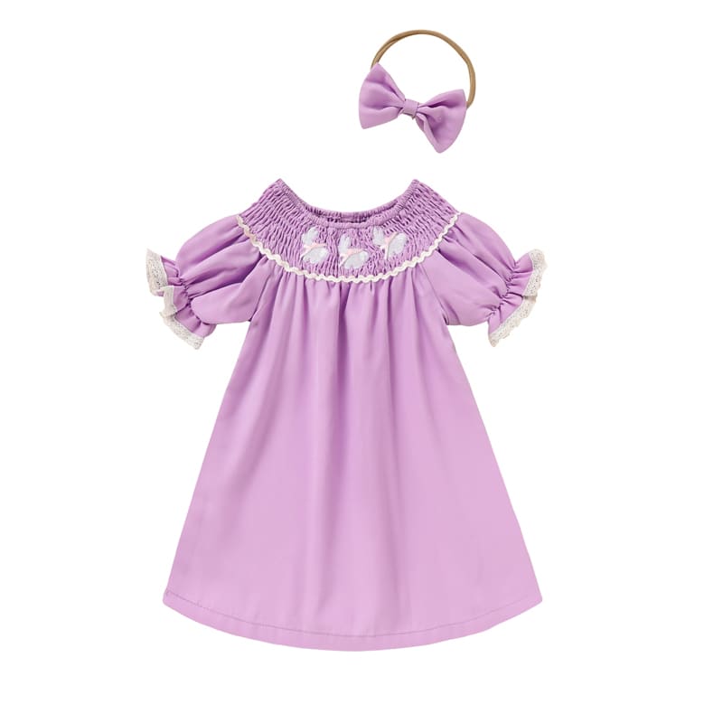 Toddler Girl's Bunny Dress Bow Headband Ruffle Sleeve Smocked Dress With Rabbit Embroidery For Summer view 25