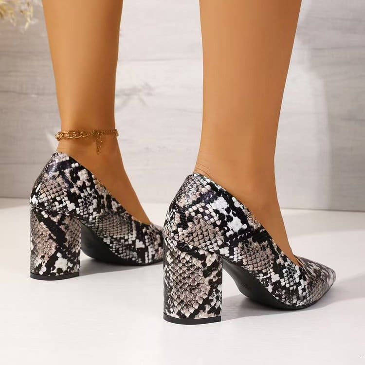Women's Snake Print Pointed Toe Block Heel Pumps 2026 Spring Summer Elegant High Heels Versatile Office Party Shoes view 6