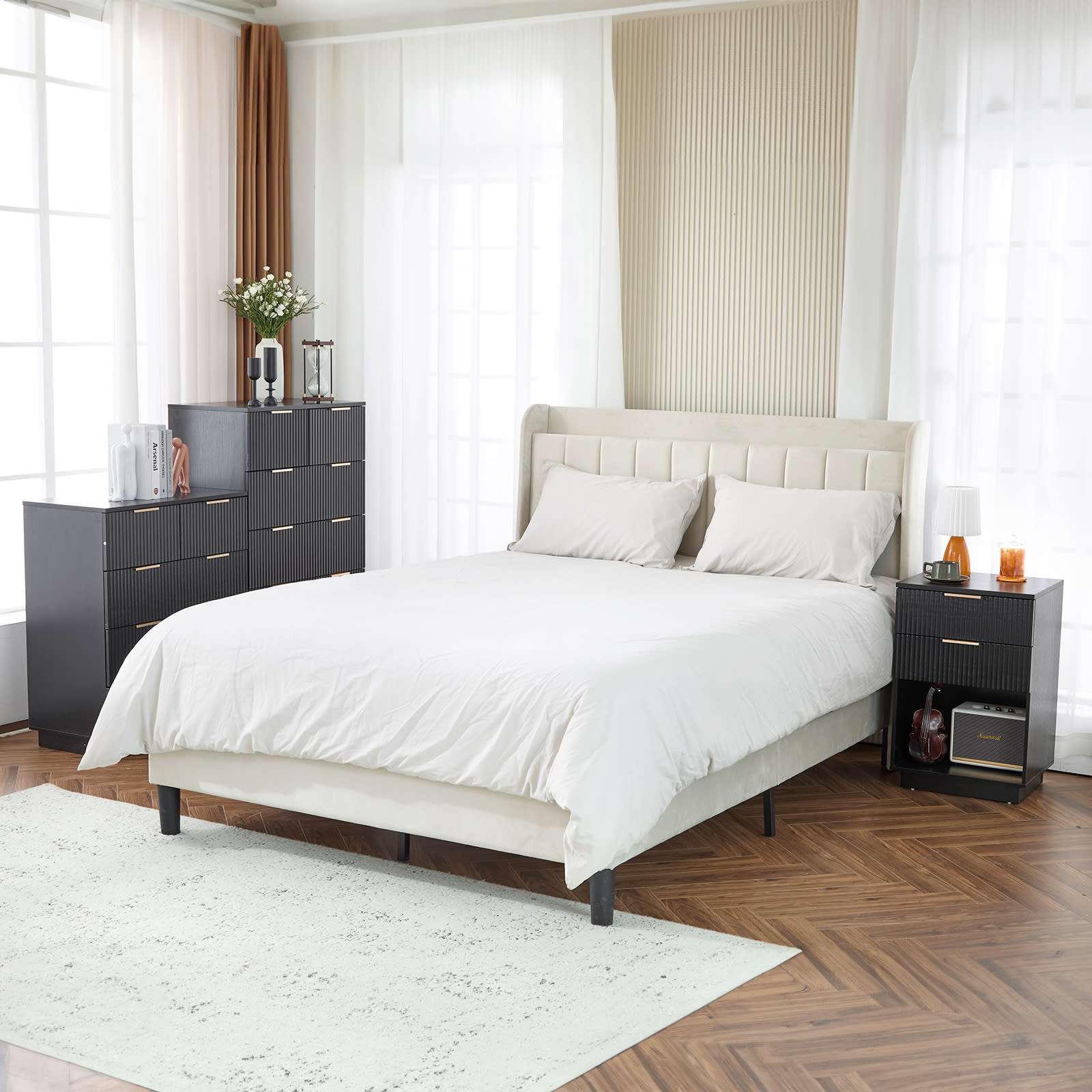 Black P2 Density Board, Wave Pattern Drawer Surface, 2 Drawer Bedside Cabinet 1pc view 7