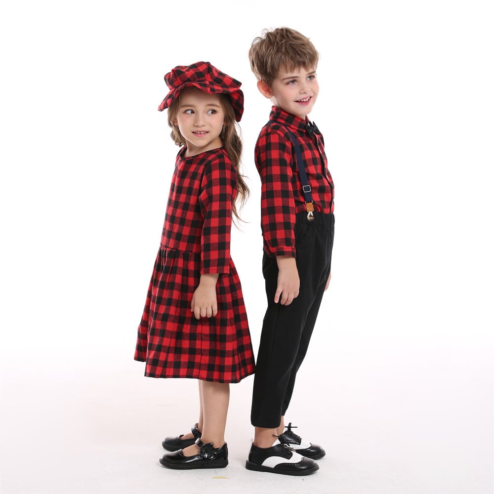 Christmas Sisters And Brothers Autumn Plaid Shirt Long Sleeve Bib Two Piece Set view 2