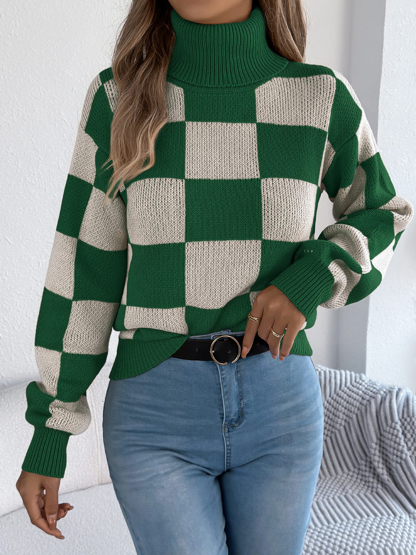 Women's High Neck Color-Blocked Plaid Lantern Sleeve Sweater view 17
