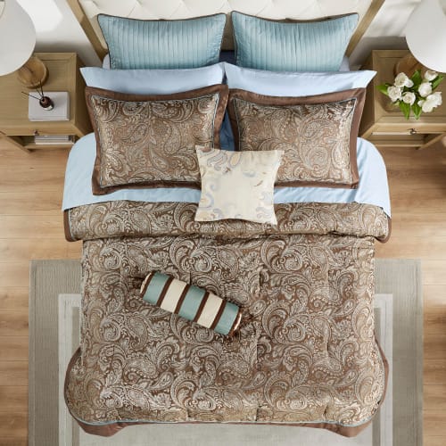 12 Piece Comforter Set With Cotton Bed Sheets Blue Brown Full view 10