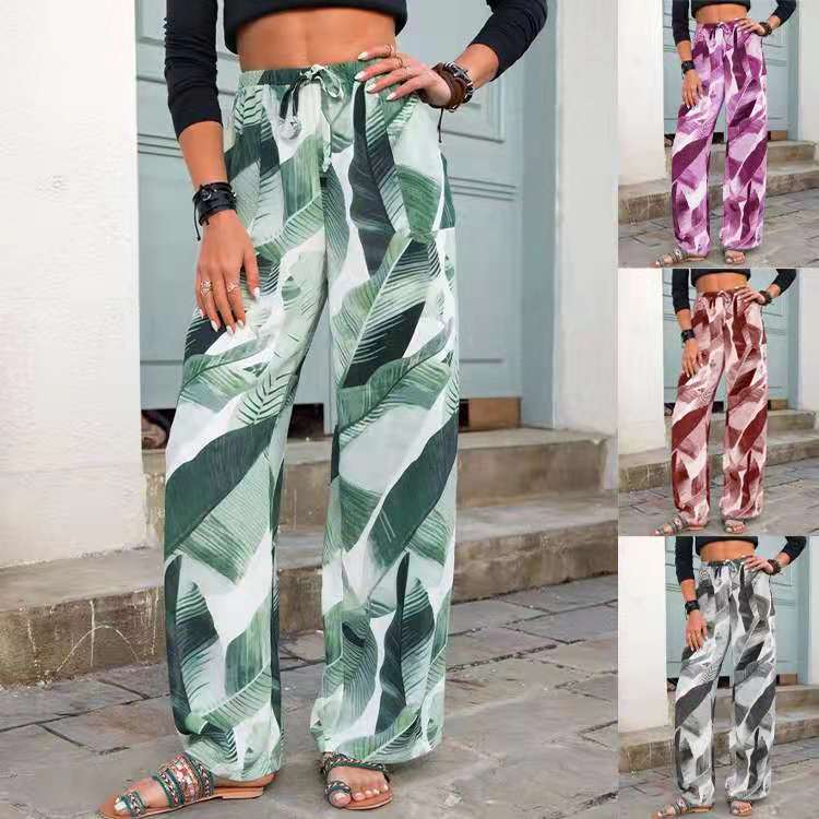 Fashion Drawstring Leaf Print Beach Pants Summer Casual Loose Wide Leg Straight Trousers Womens Clothing view 6