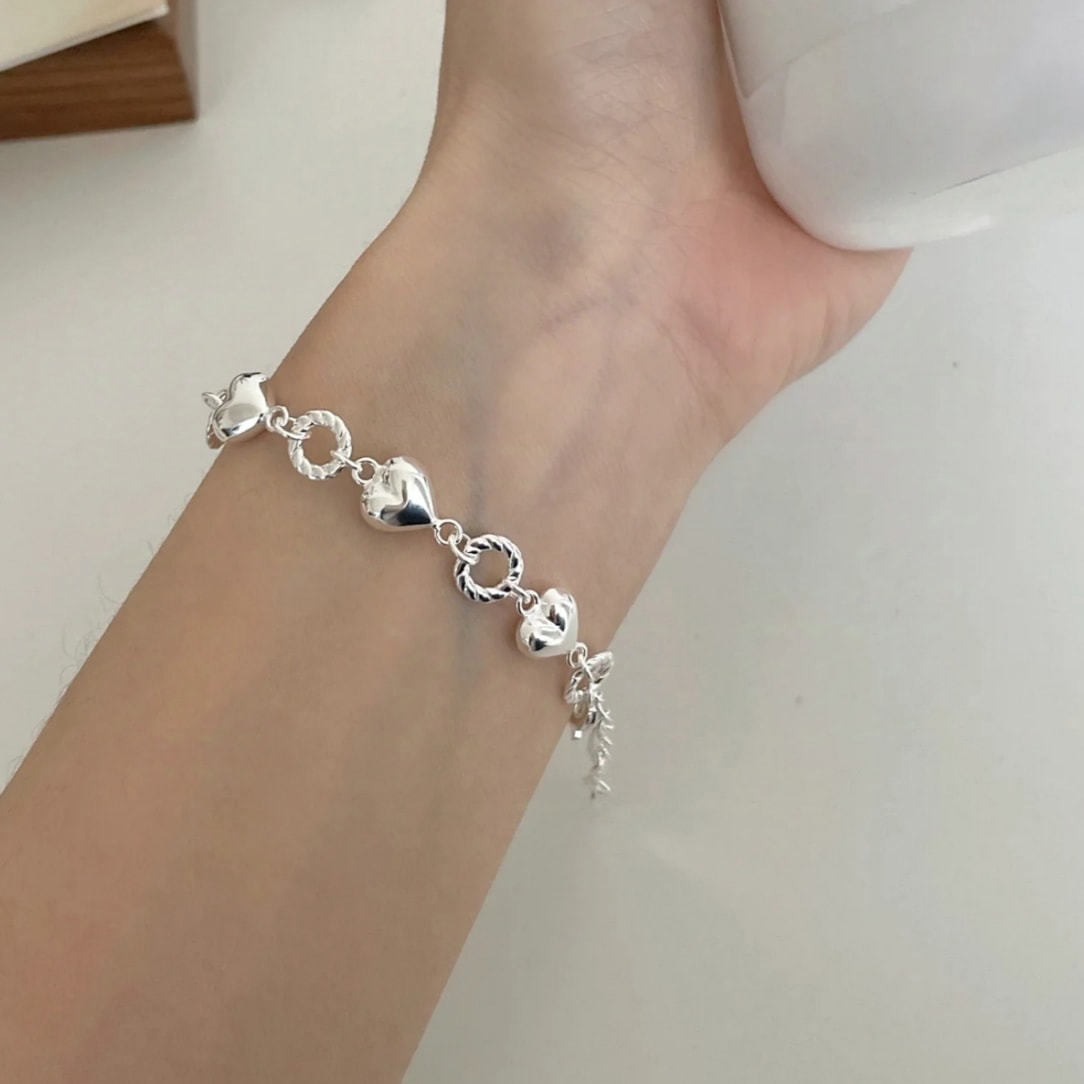 1pc 999 Sterling Silver Heart & Twisted Ring Link Bracelet, Sweet Minimalist Style, Perfect For Daily Wear & Valentine's Gifts view 6