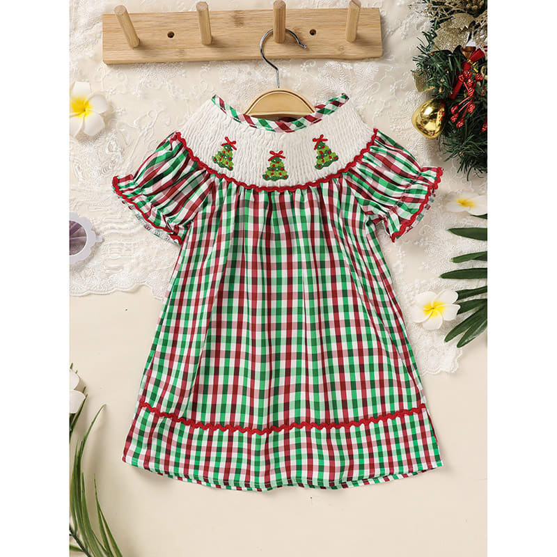Toddler Infant Baby Girls Christmas Dress Short Sleeve Christmas Tree Embroidered Plaid Casual Party Dresses view 10