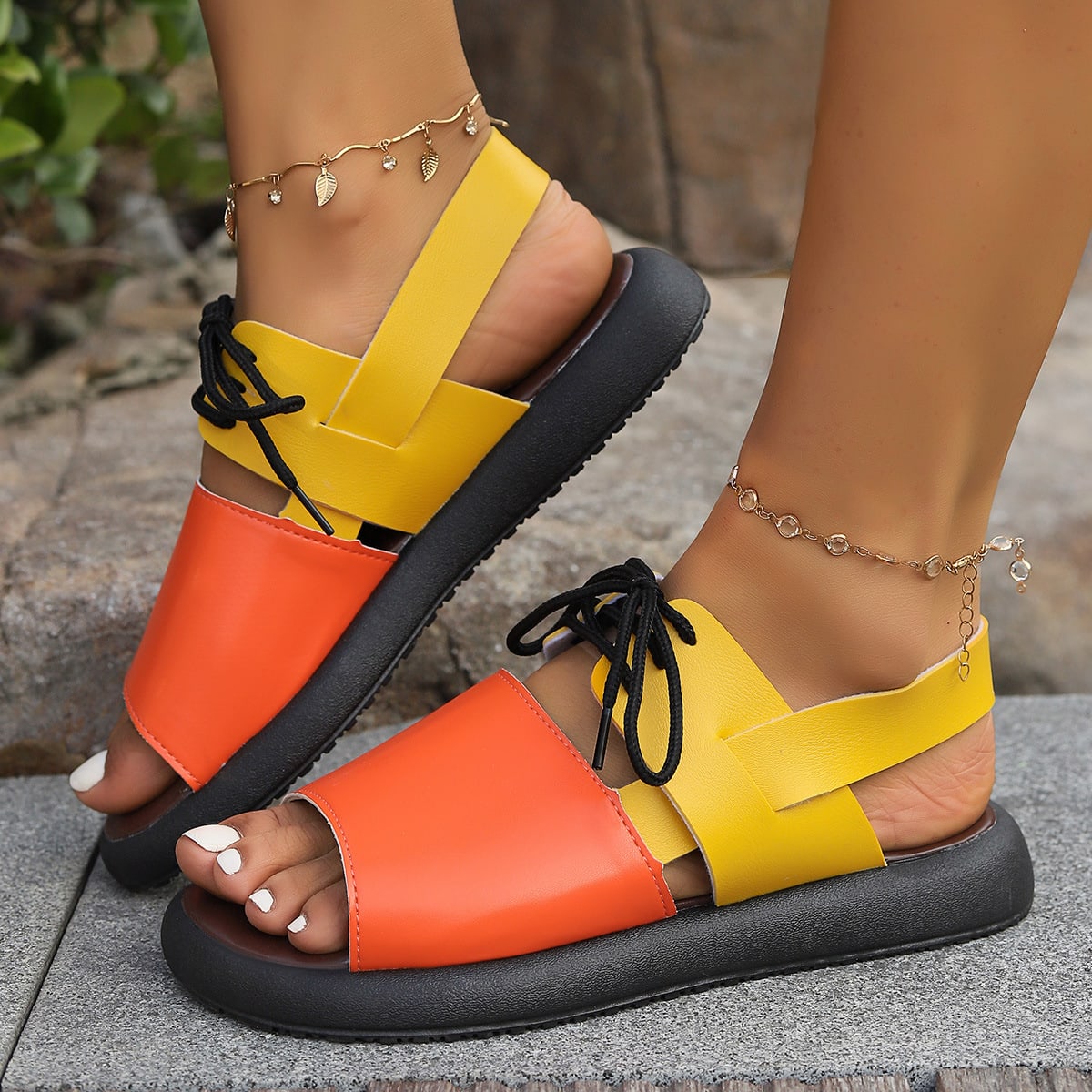 Color-block Lace-up Roman Sandals For Women Summer New Fashion Flat Fish Mouth Beach Shoes view 6