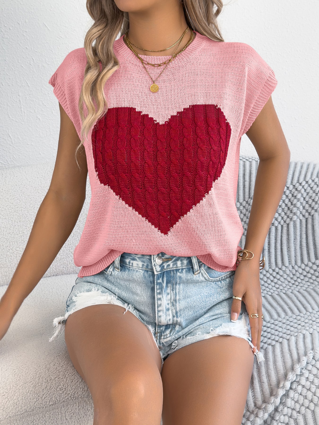 Women S Color Block Heart Loose Knit Valentine S Sweater Top view 18