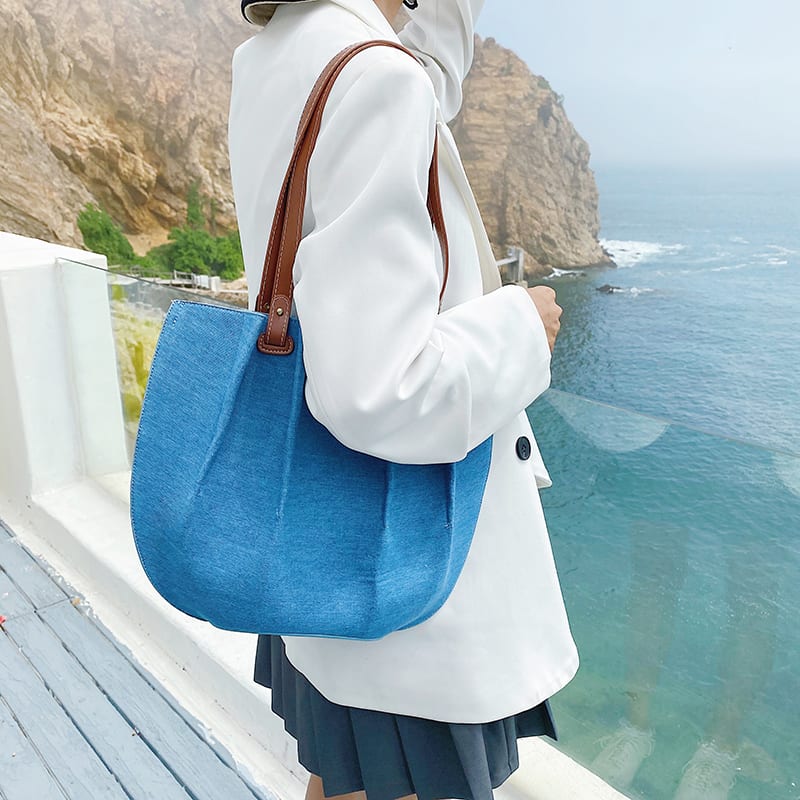 New Fashion Canvas Denim Pleated Tote Shoulder Bag view 2