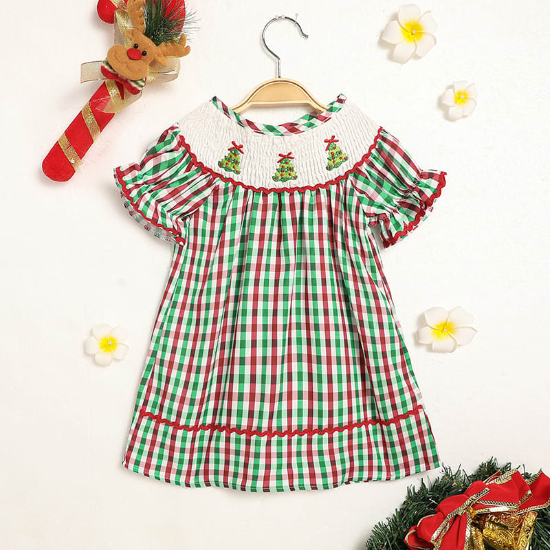 Toddler Infant Baby Girls Christmas Dress Short Sleeve Christmas Tree Embroidered Plaid Casual Party Dresses view 4