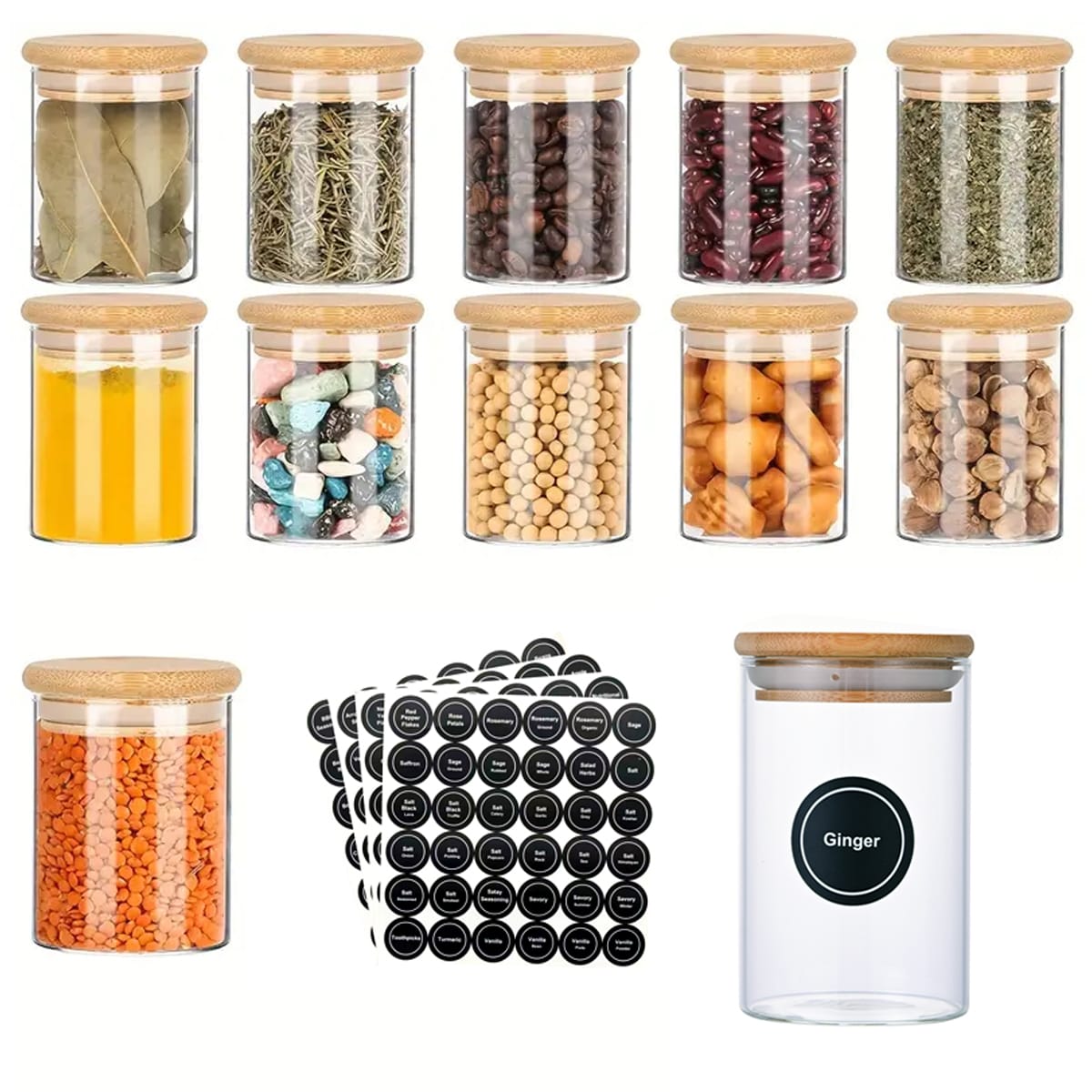 12 Pcs Round Spice Jars With Bamboo Lids And Stickers, Glass Storage Jars, Candy Jars, Coffee Jars, Salt Jars, Pepper Jars, Tea Jars view 9