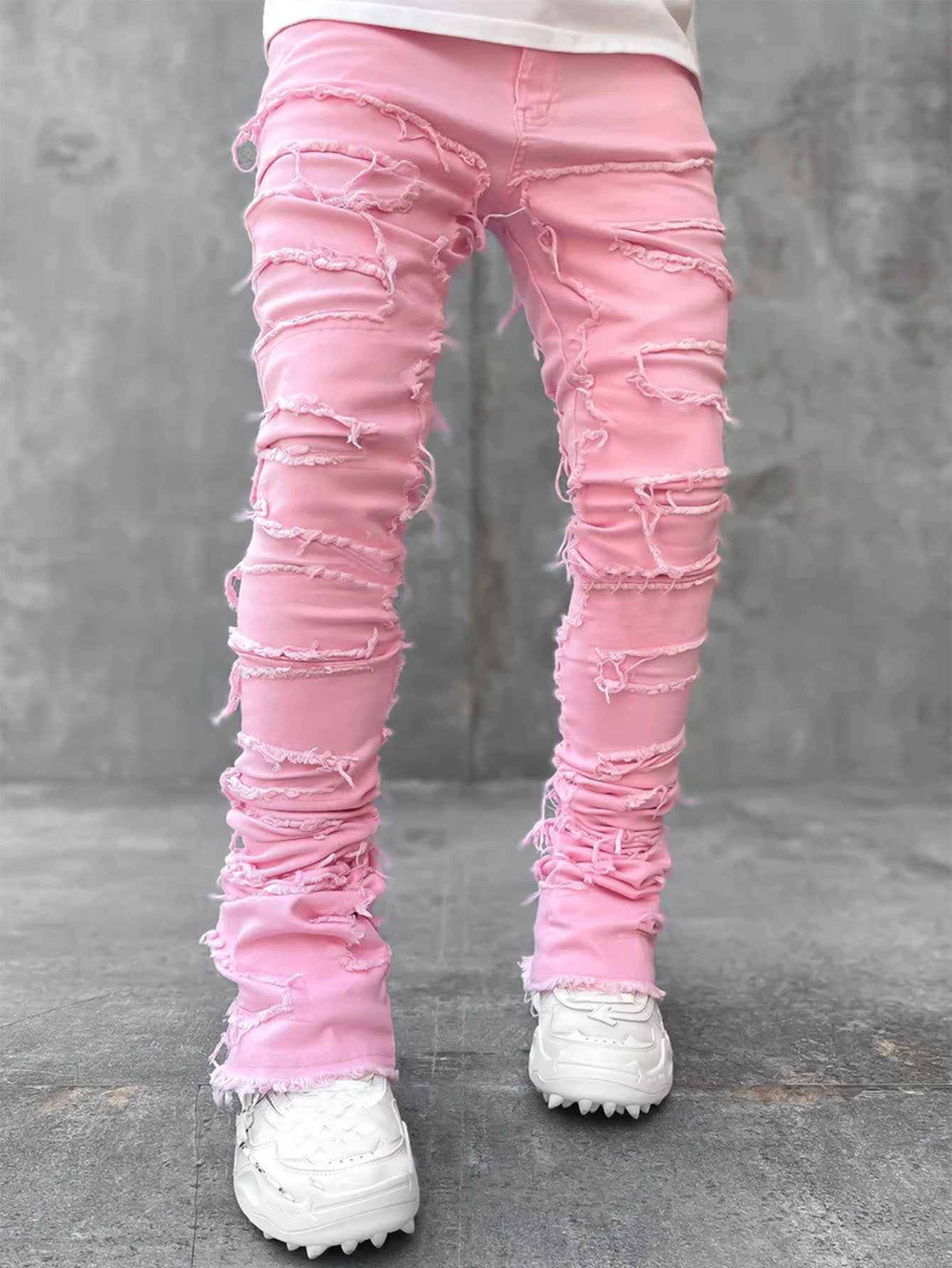 Ins Fringes Ripped Trousers Individual Patched Pants Long Tight Fit Stacked Jeans For Mens Clothing view 2