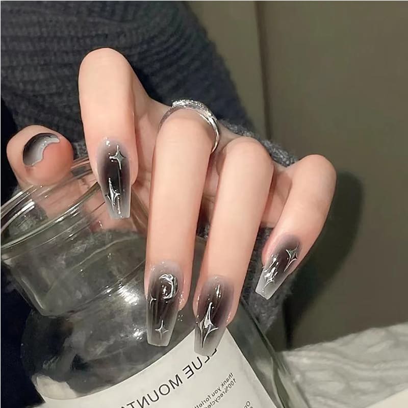 24 PCS Black Silver Star Nail Art, Long Length Long Water Pipe Fake Nails,Square Head Nail Tips False Nail view 2