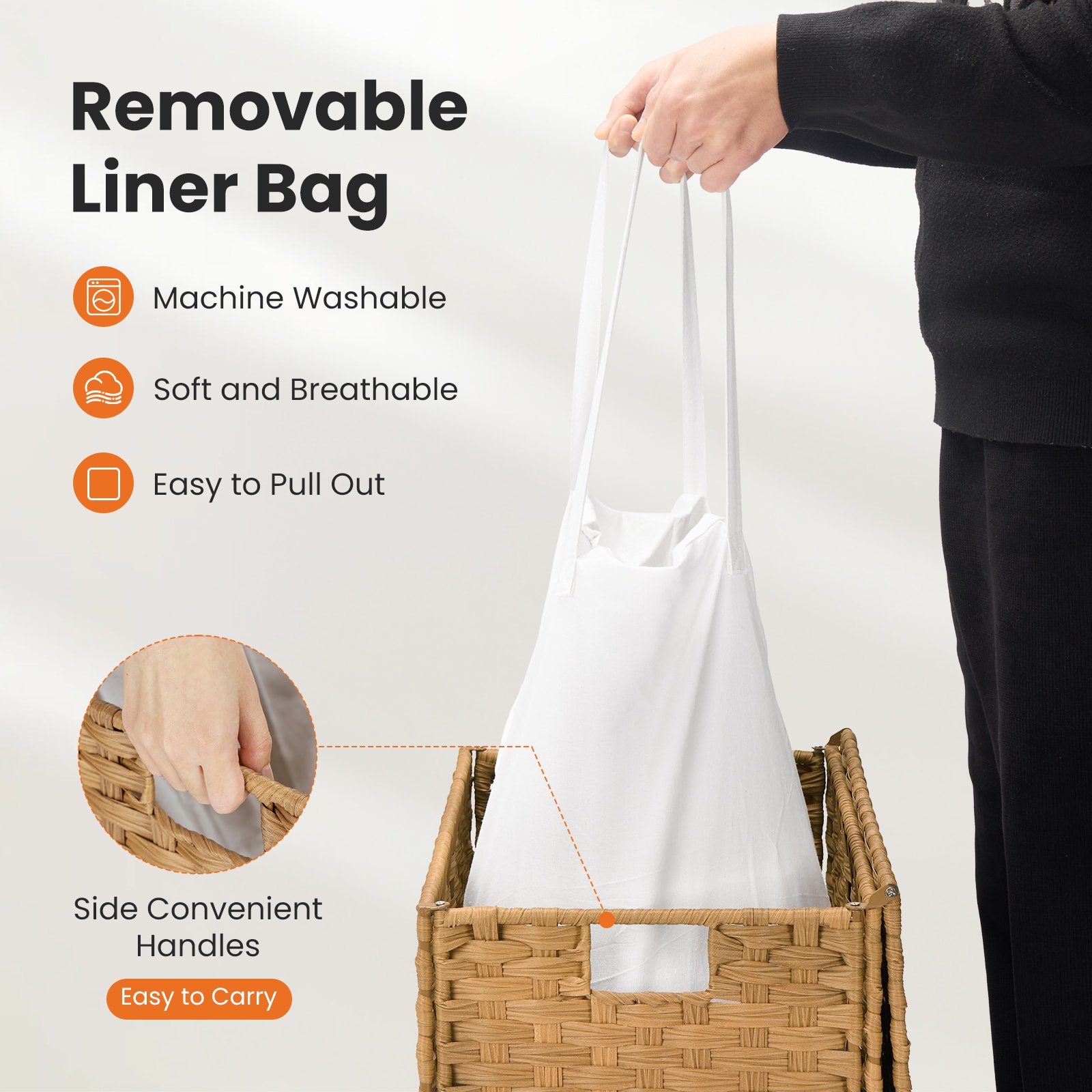 Laundry Basket With Lid, 110 L Hand-Woven Pp Rattan Laundry Basket With Compartments & Handles, Foldable, Removable Liner view 13