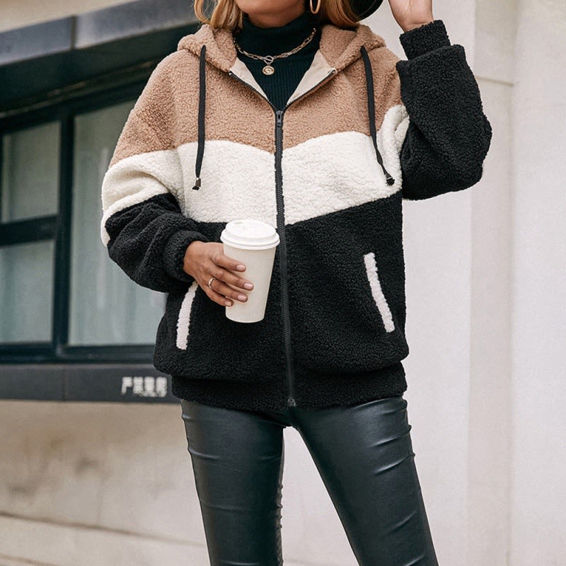 Thick Contrast Color Plush Zipper Cardigan Hooded Sweater view 3