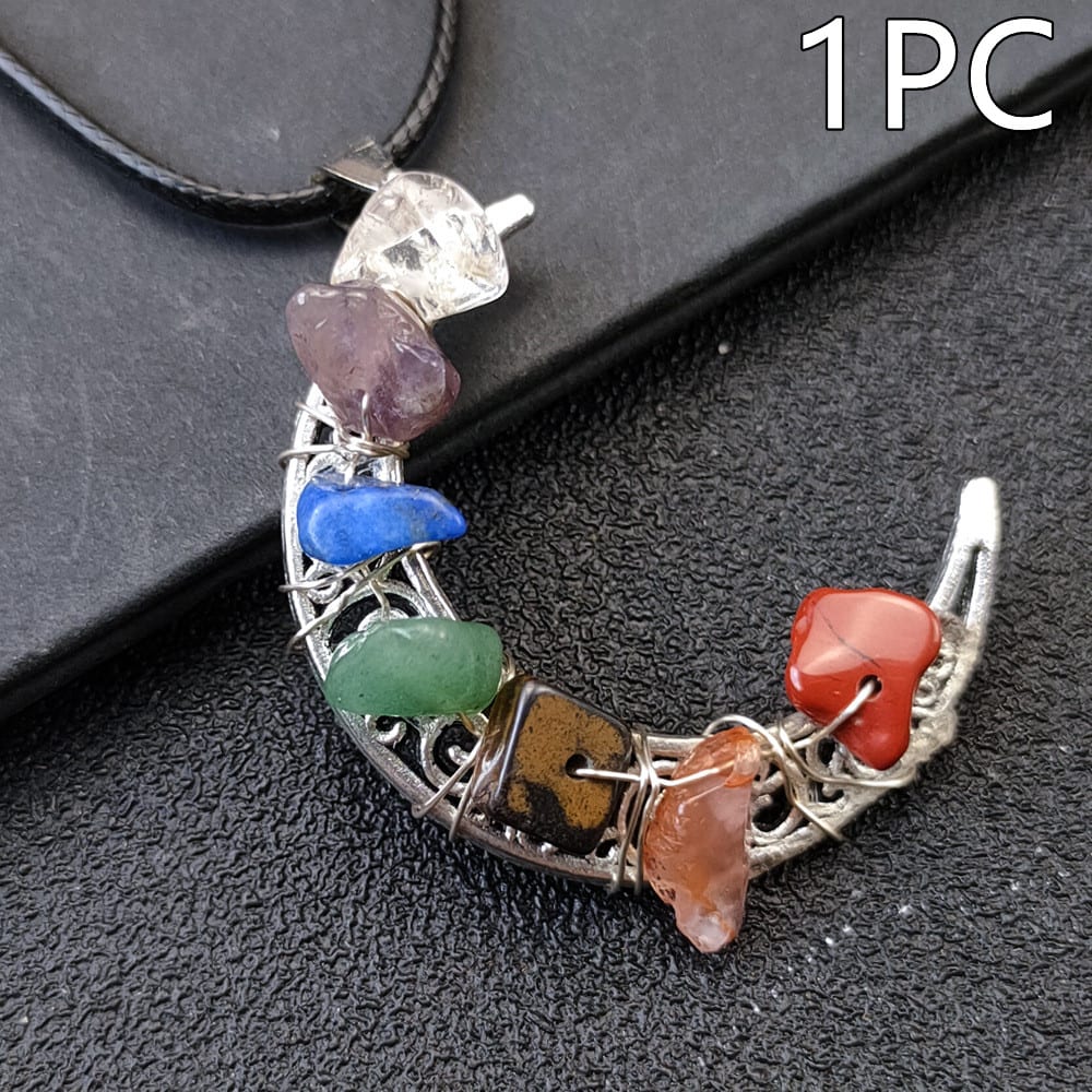 Crystal Stone Seven Chakras Moon Pentagram Necklace view 17