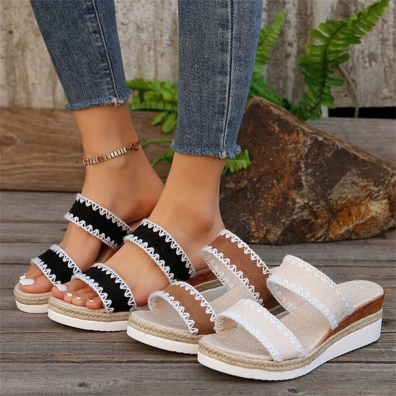 New Hemp Rope Woven Wedge Slippers Summer Ethnic Style Sandals Double Wide Strappy Shoes For Women view 11