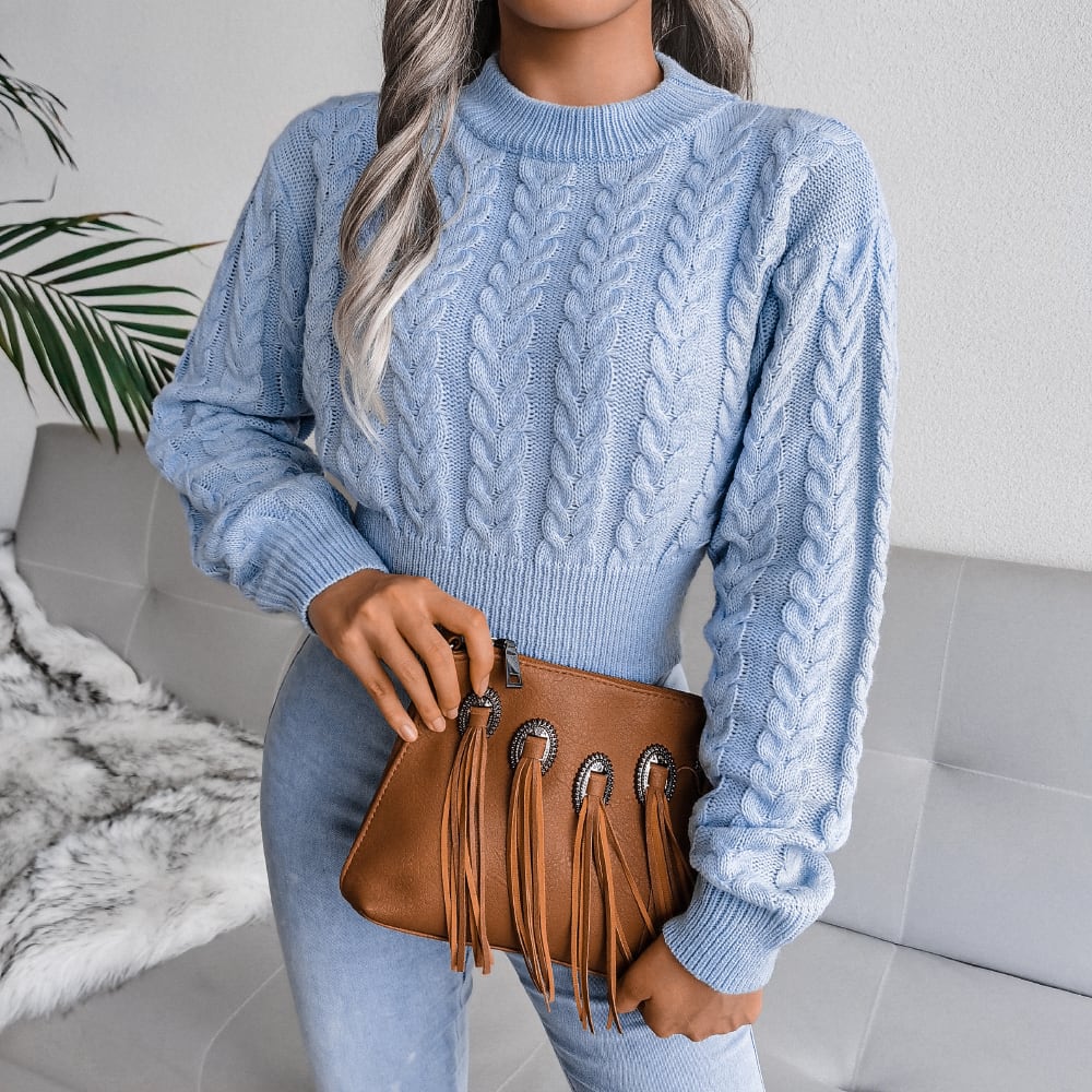 Cable Knit Waist Cinched Cropped Sweater view 7